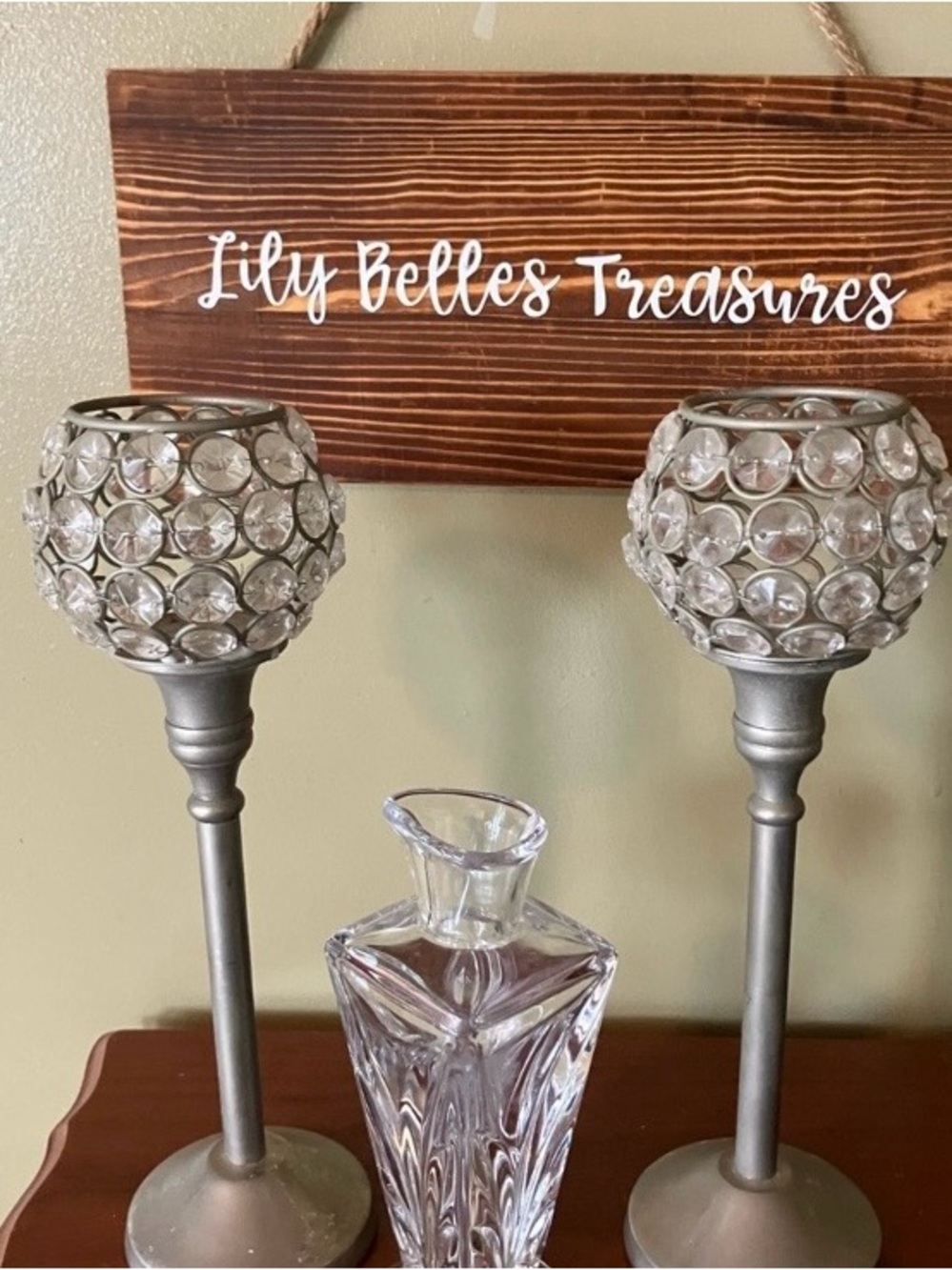 Vintage 90s Pair Candleholders Silver Tone Rhinestones Crystals Geometric